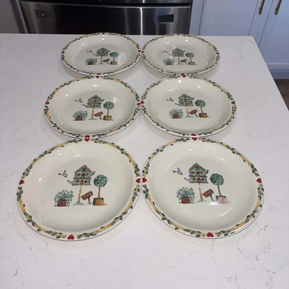 Set of 6 Thomson Pottery Birdhouse Pattern Salad Plates